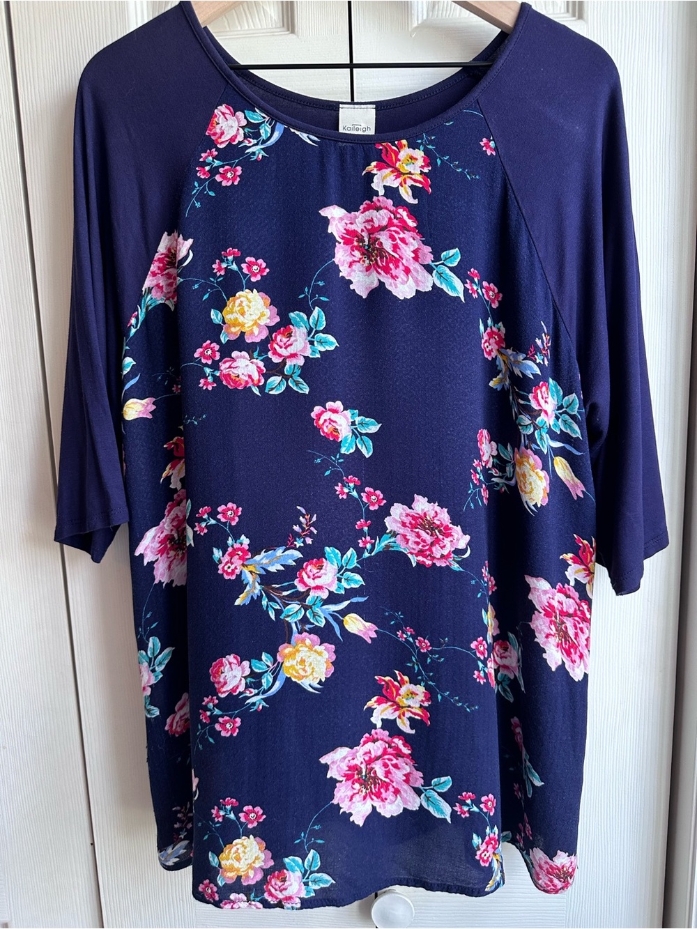 Kaileigh Navy Floral 3/4-Sleeve Tunic with Pink & Yellow Blooms